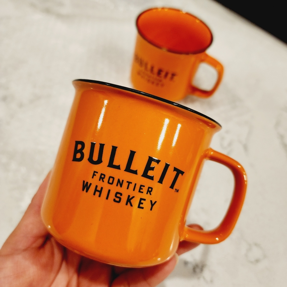 Bulleit Bourbon Frontier Whiskey Campfire Mug Coffee Cup Orange Ceramic